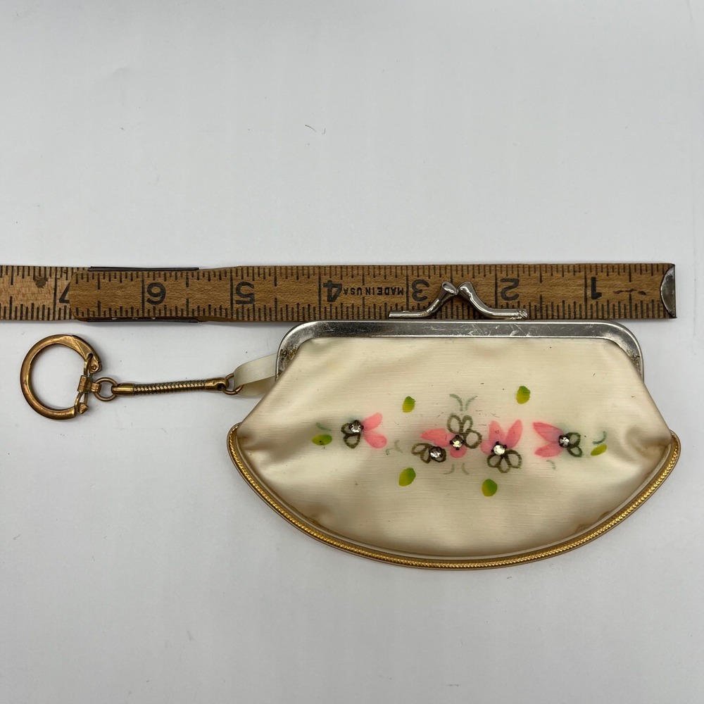 Vtg 50s 60s Change Coin Purse Keychain Floral Rhinestone Cream Kiss Lock Pin-up - Picture 5 of 5